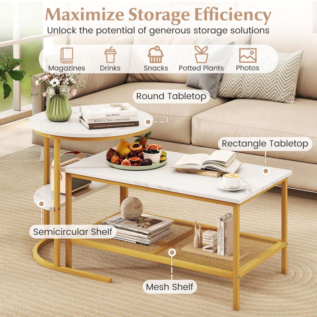 Coffee Table Set of 2 2-Tier Rectangle Coffee Table and Side End Table with Storage Shelves