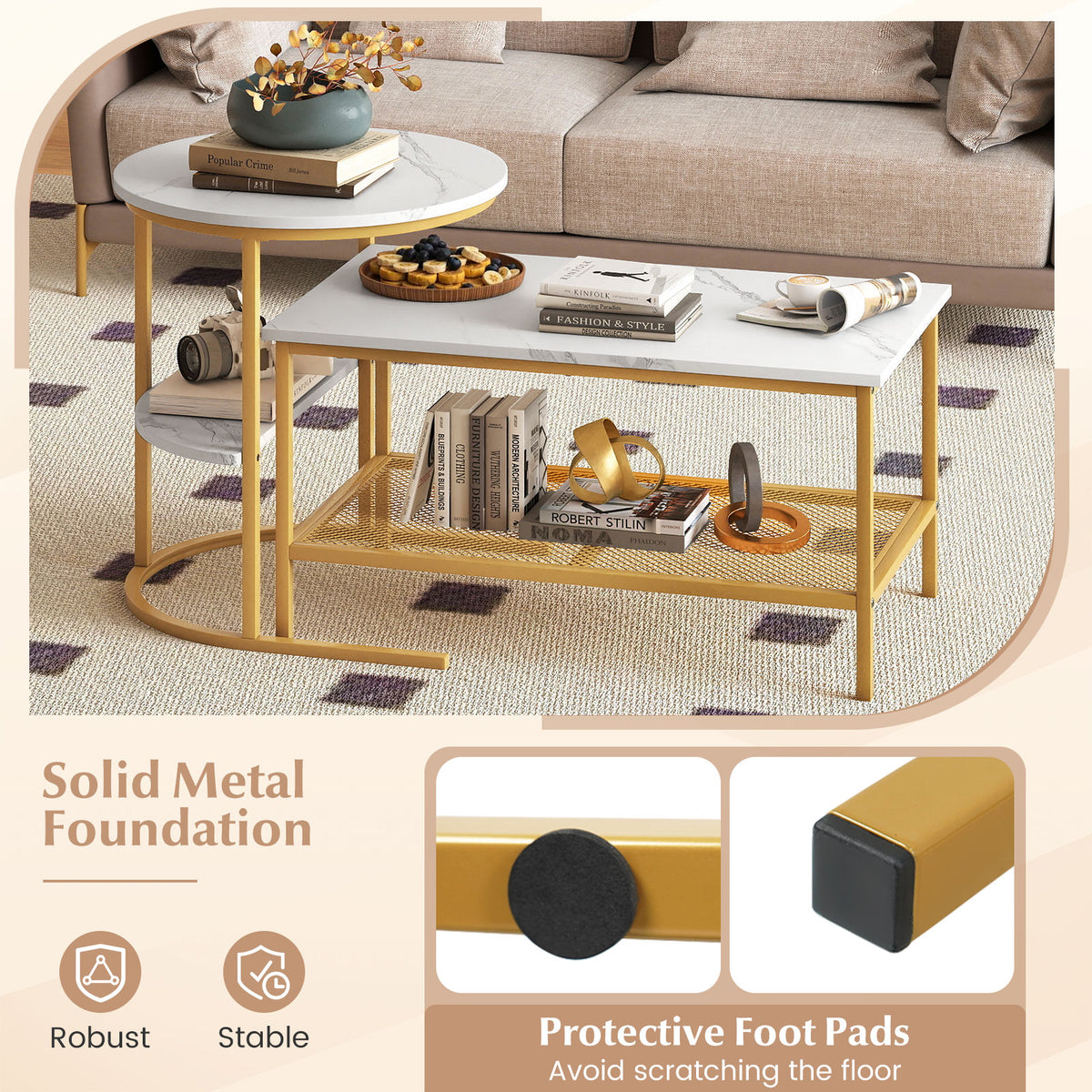 Coffee Table Set of 2 2-Tier Rectangle Coffee Table and Side End Table with Storage Shelves