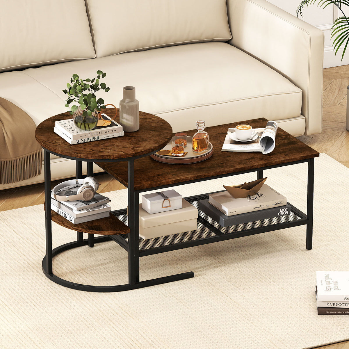 Coffee Table Set of 2 2-Tier Rectangle Coffee Table and Side End Table with Storage Shelves