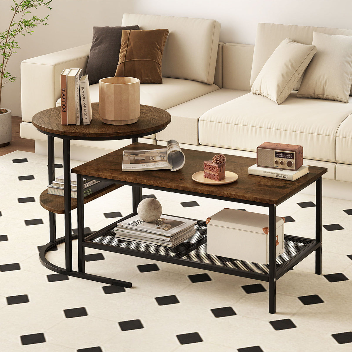 Coffee Table Set of 2 2-Tier Rectangle Coffee Table and Side End Table with Storage Shelves