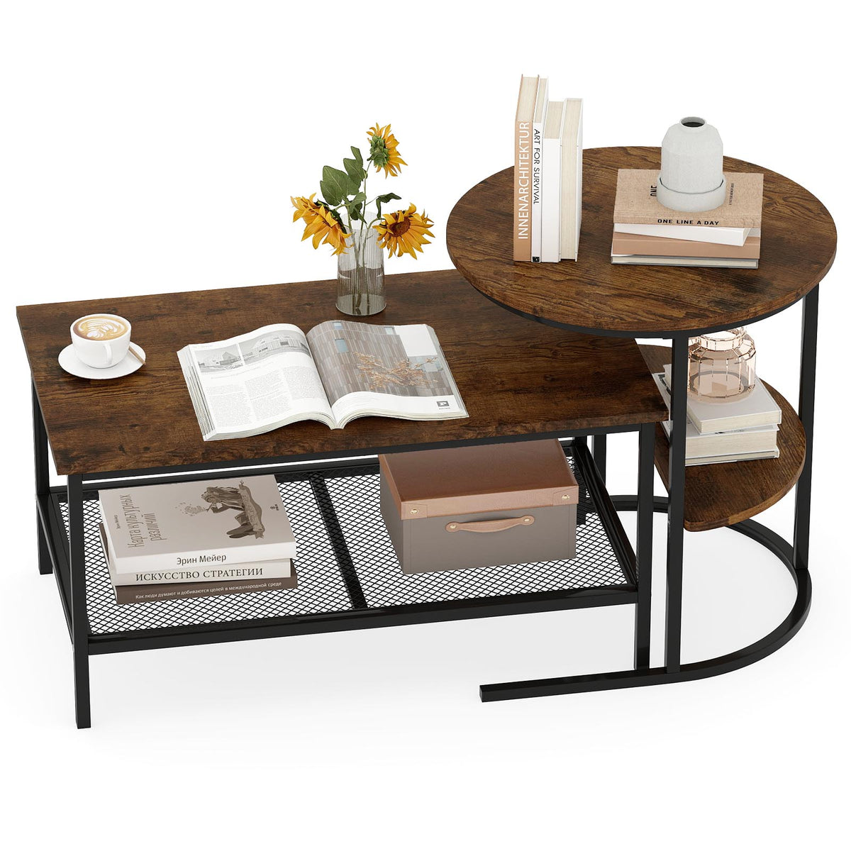 Coffee Table Set of 2 2-Tier Rectangle Coffee Table and Side End Table with Storage Shelves