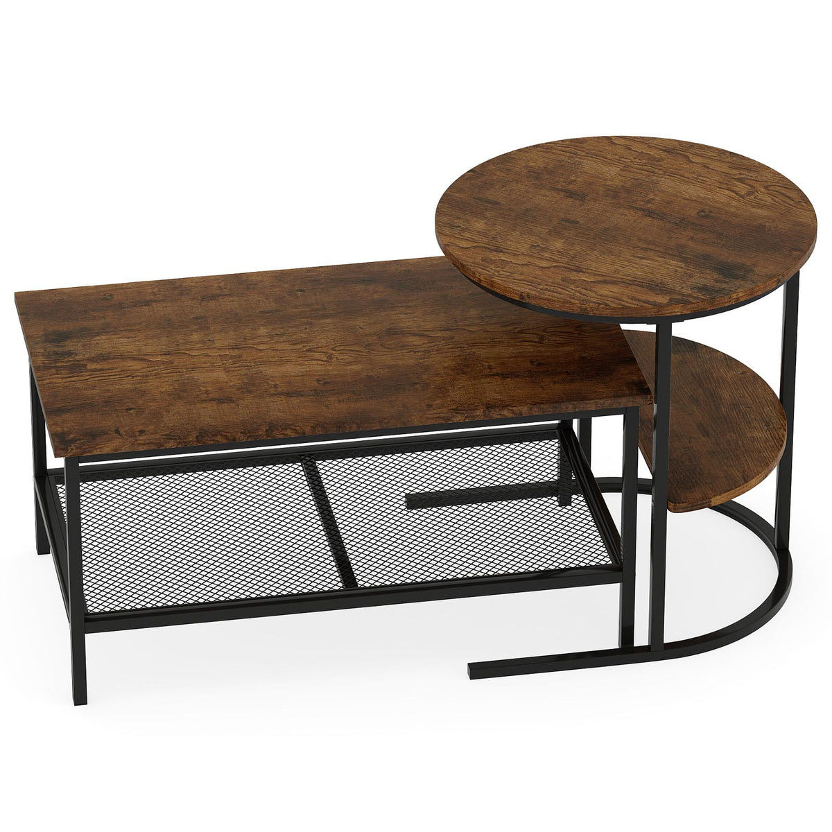 Coffee Table Set of 2 2-Tier Rectangle Coffee Table and Side End Table with Storage Shelves