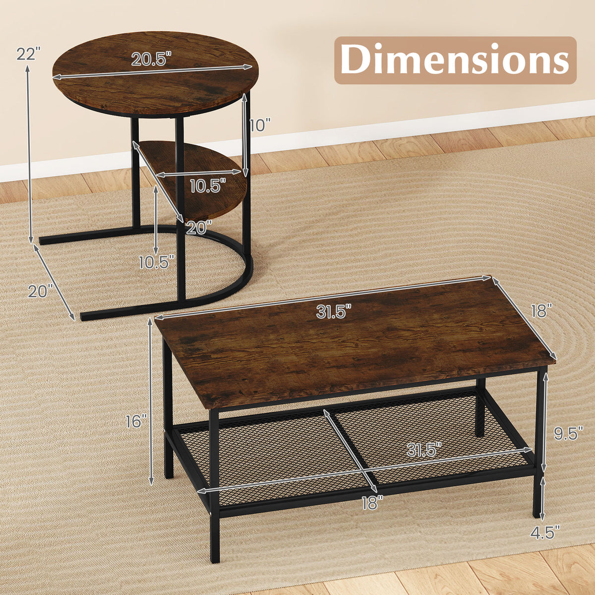 Coffee Table Set of 2 2-Tier Rectangle Coffee Table and Side End Table with Storage Shelves