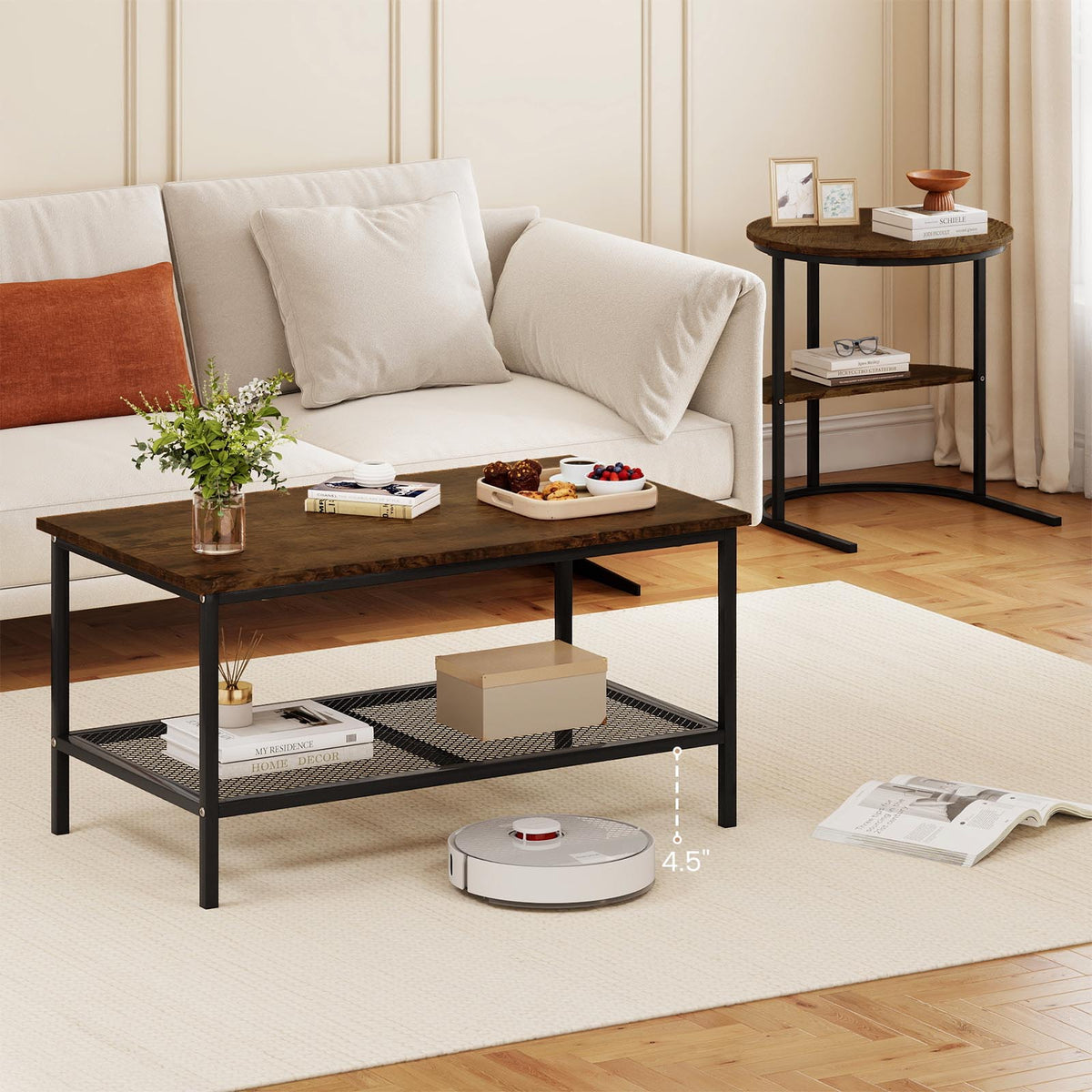 Coffee Table Set of 2 2-Tier Rectangle Coffee Table and Side End Table with Storage Shelves