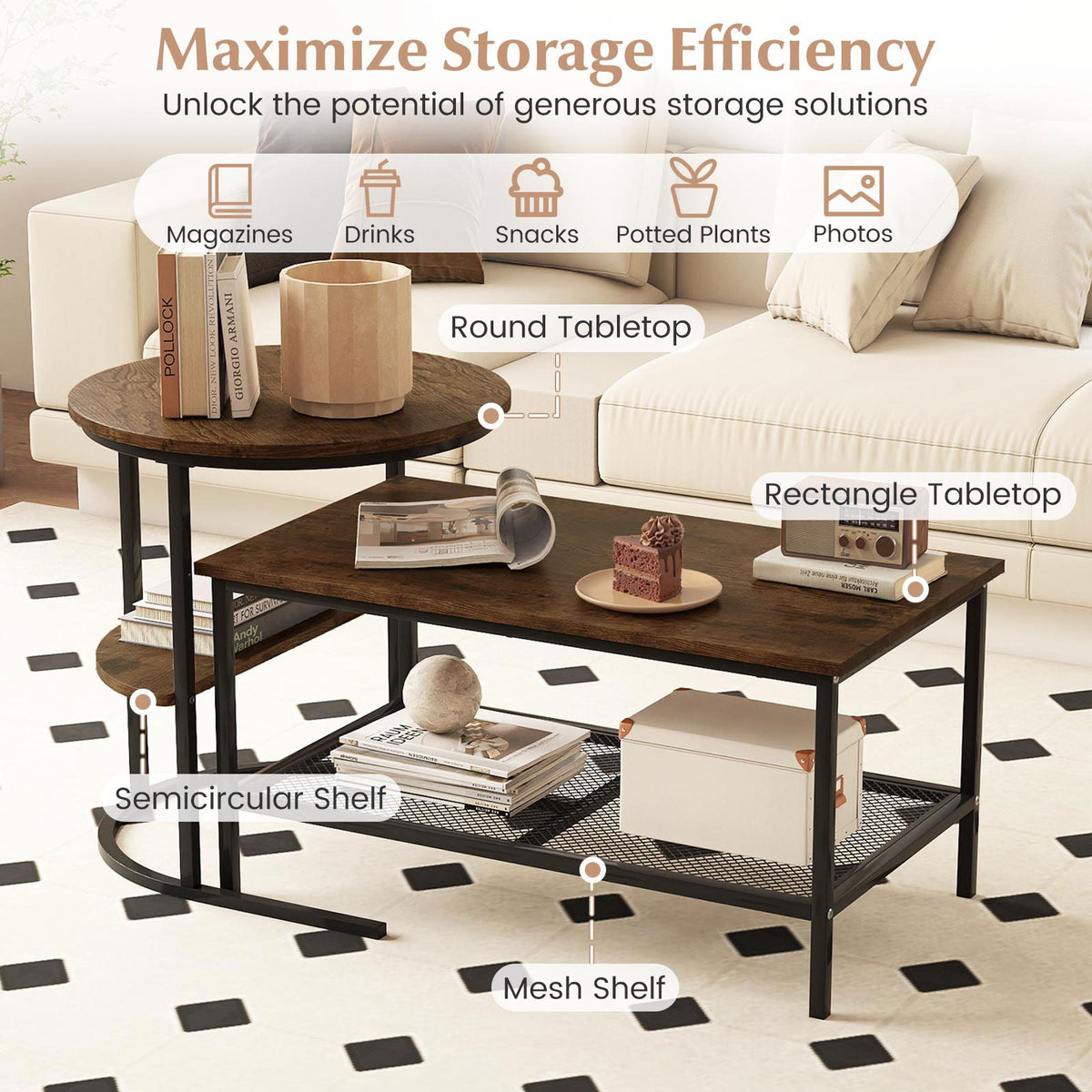Coffee Table Set of 2 2-Tier Rectangle Coffee Table and Side End Table with Storage Shelves