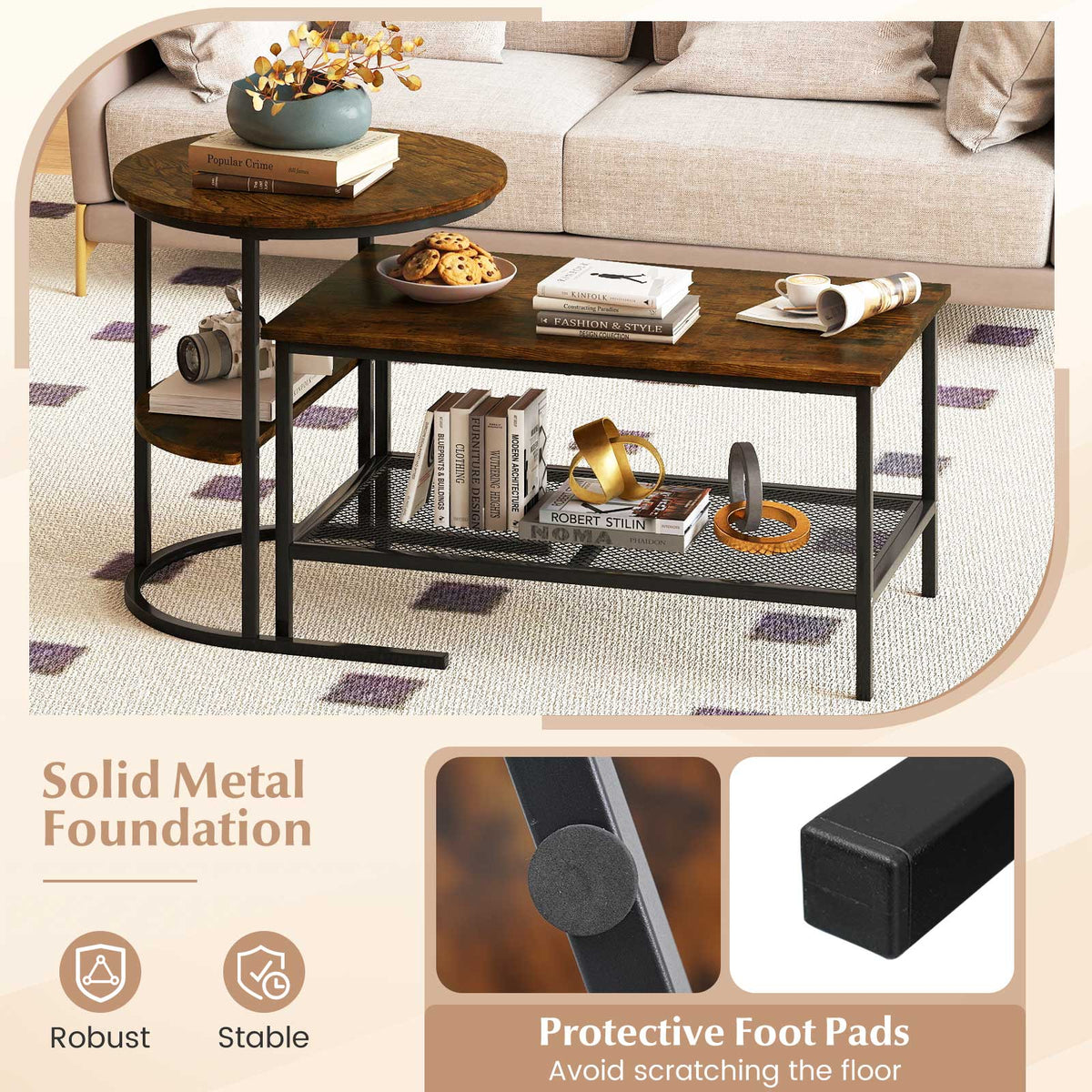 Coffee Table Set of 2 2-Tier Rectangle Coffee Table and Side End Table with Storage Shelves