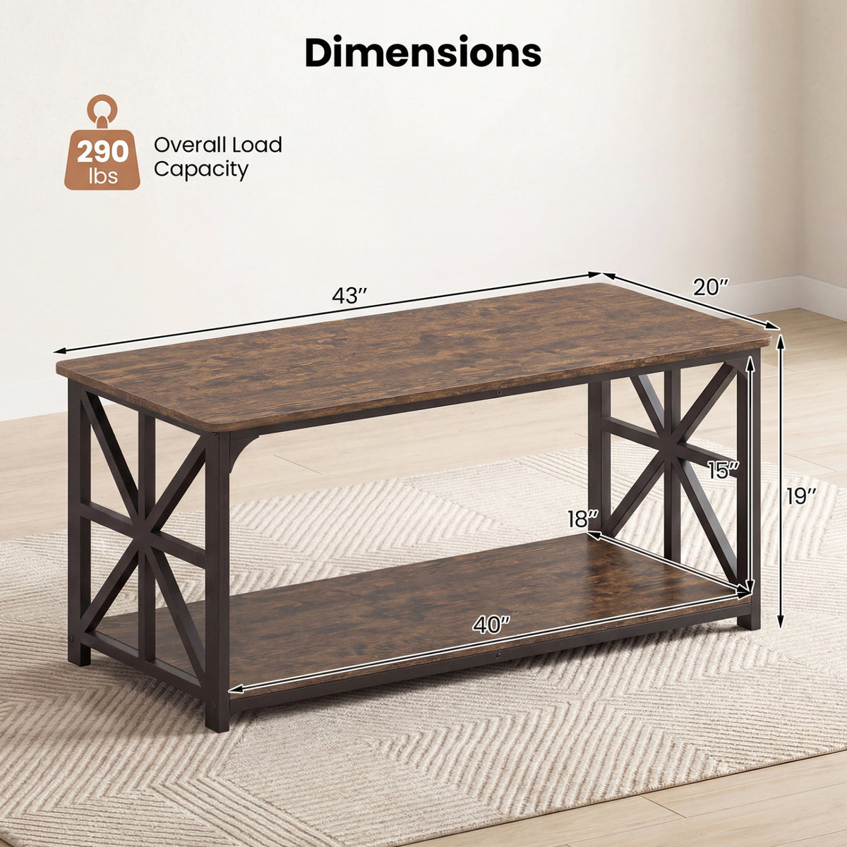 Coffee Table 2-Tier Center Table with Storage Shelf