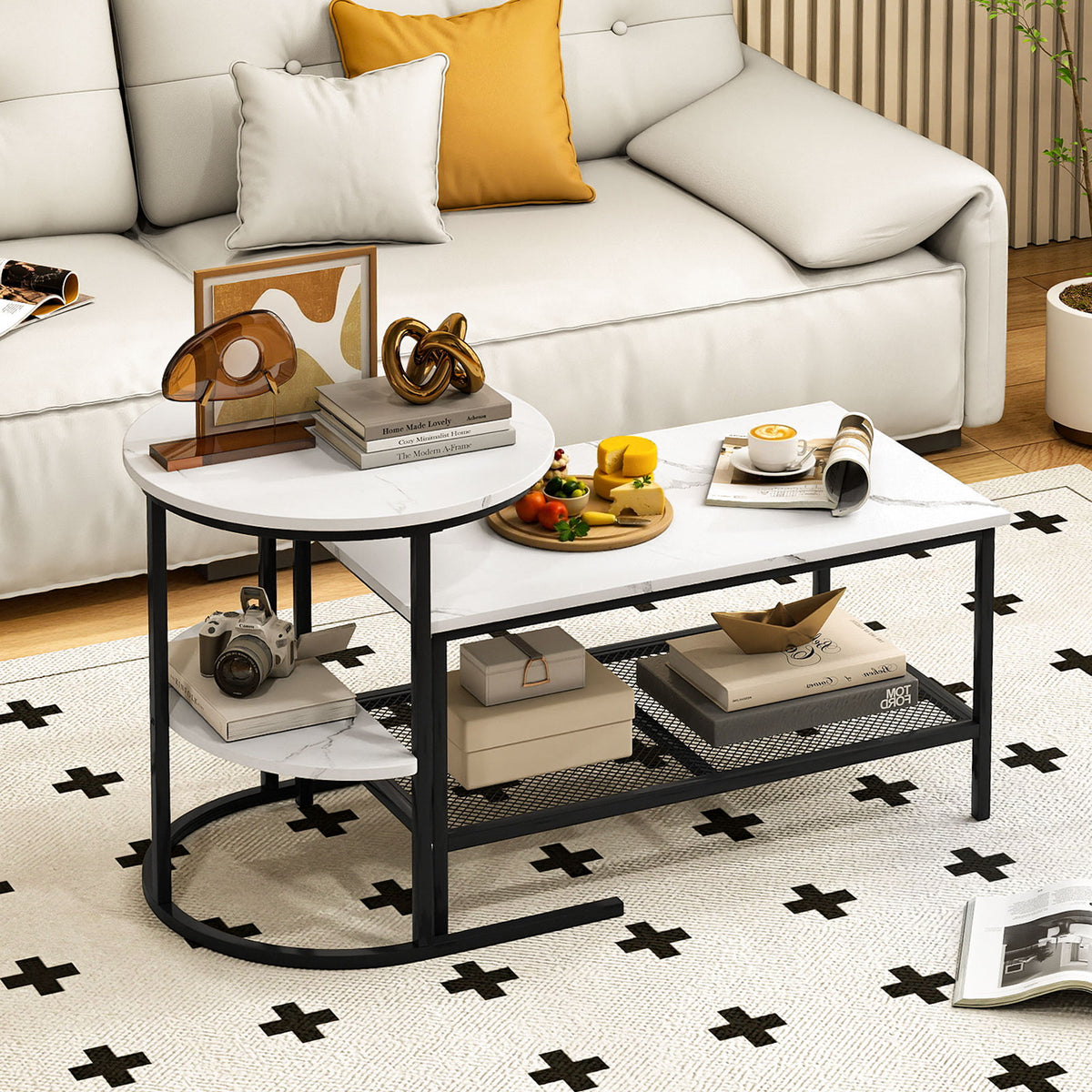 Coffee Table Set of 2 2-Tier Rectangle Coffee Table and Side End Table with Storage Shelves
