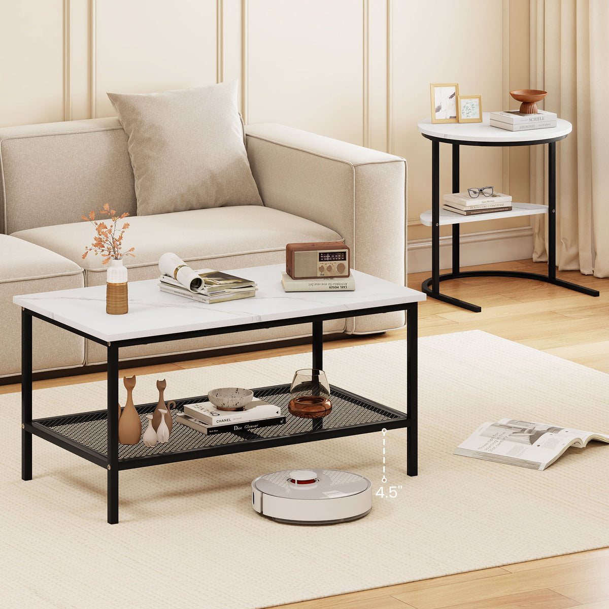 Coffee Table Set of 2 2-Tier Rectangle Coffee Table and Side End Table with Storage Shelves