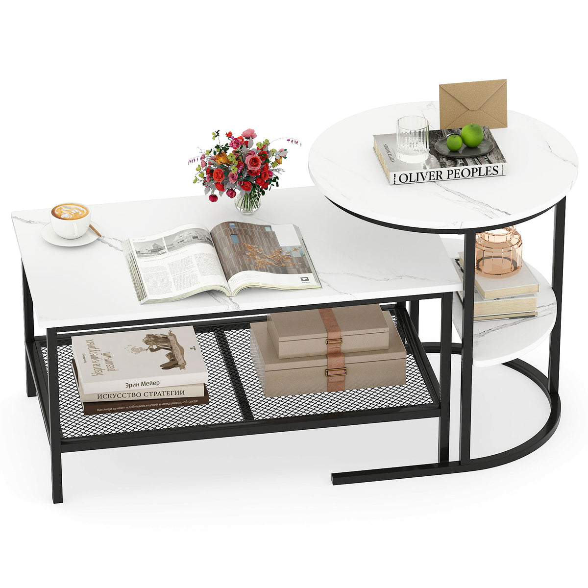 Coffee Table Set of 2 2-Tier Rectangle Coffee Table and Side End Table with Storage Shelves