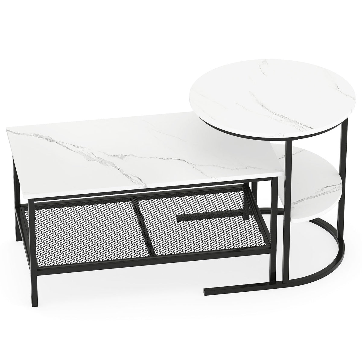 Coffee Table Set of 2 2-Tier Rectangle Coffee Table and Side End Table with Storage Shelves
