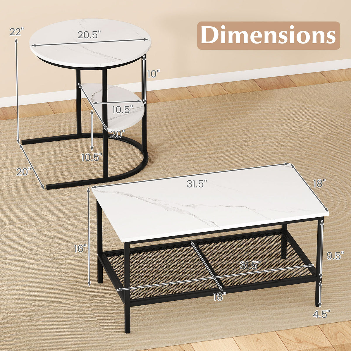 Coffee Table Set of 2 2-Tier Rectangle Coffee Table and Side End Table with Storage Shelves