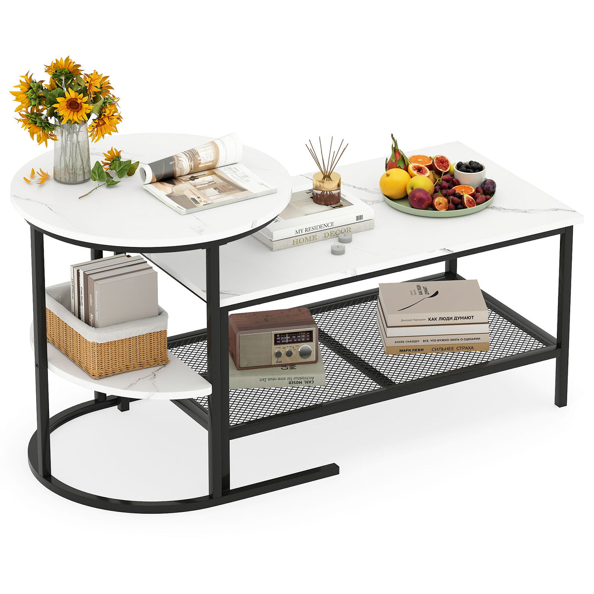 Coffee Table Set of 2 2-Tier Rectangle Coffee Table and Side End Table with Storage Shelves