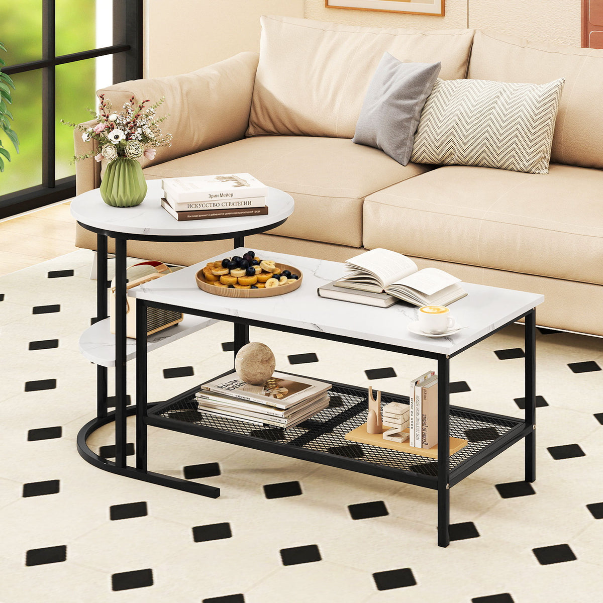 Coffee Table Set of 2 2-Tier Rectangle Coffee Table and Side End Table with Storage Shelves