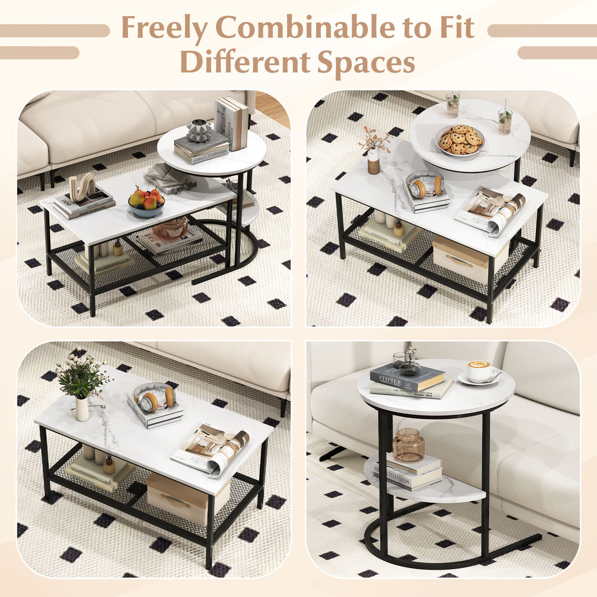 Coffee Table Set of 2 2-Tier Rectangle Coffee Table and Side End Table with Storage Shelves