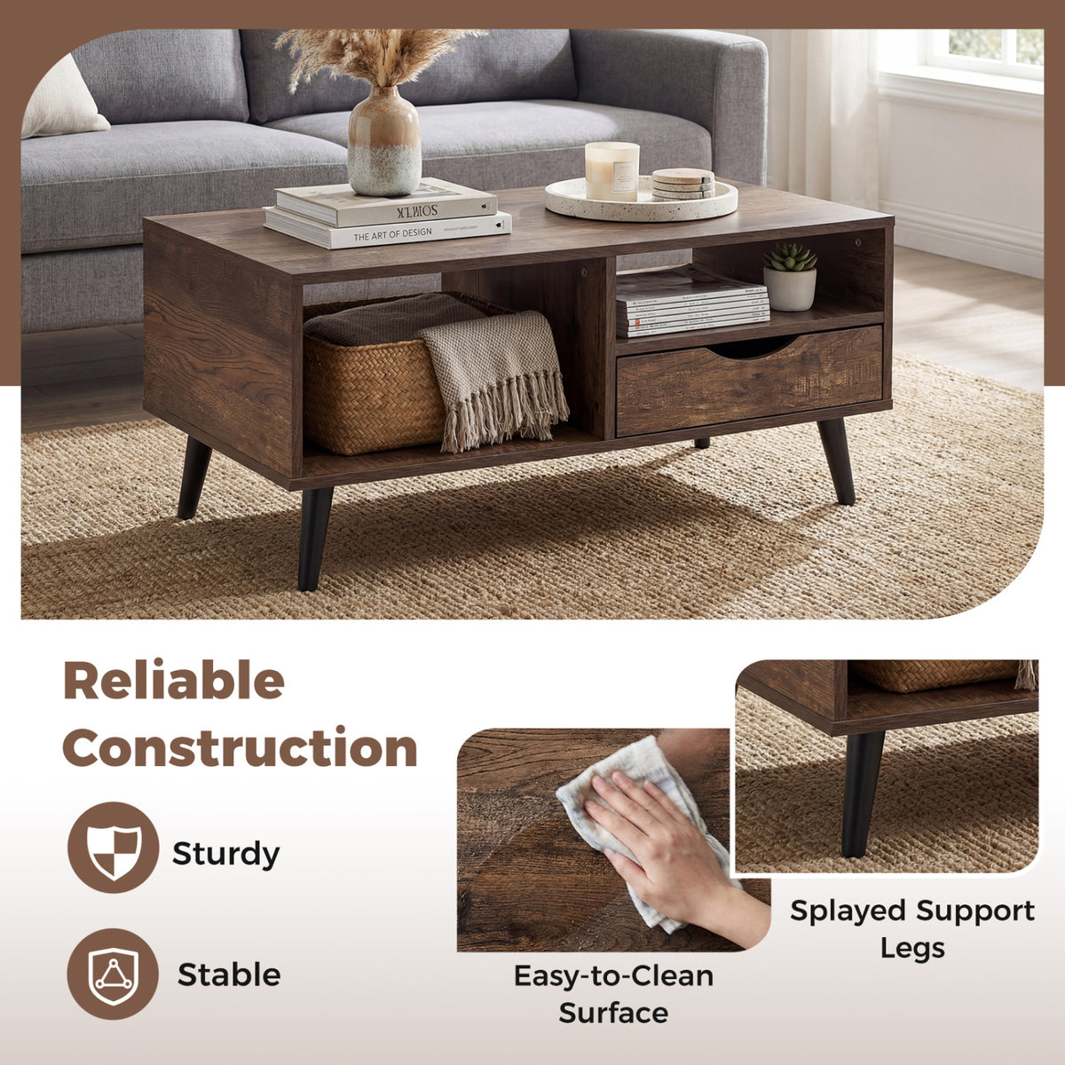 Coffee Table with Storage Rustic Rectangle Center Table