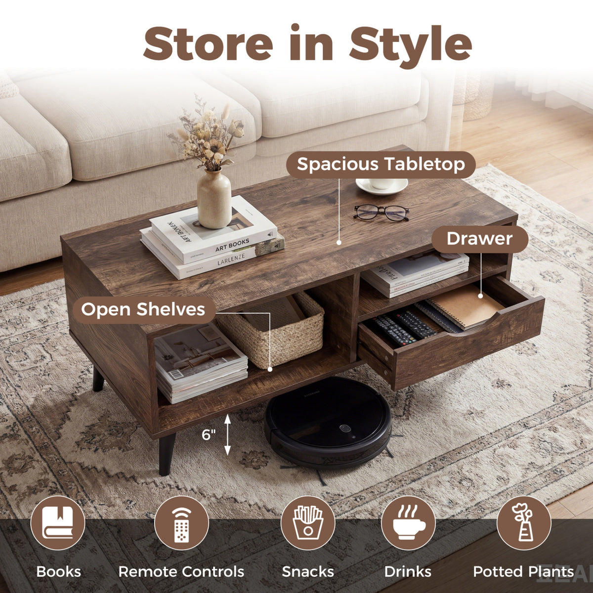 Coffee Table with Storage Rustic Rectangle Center Table