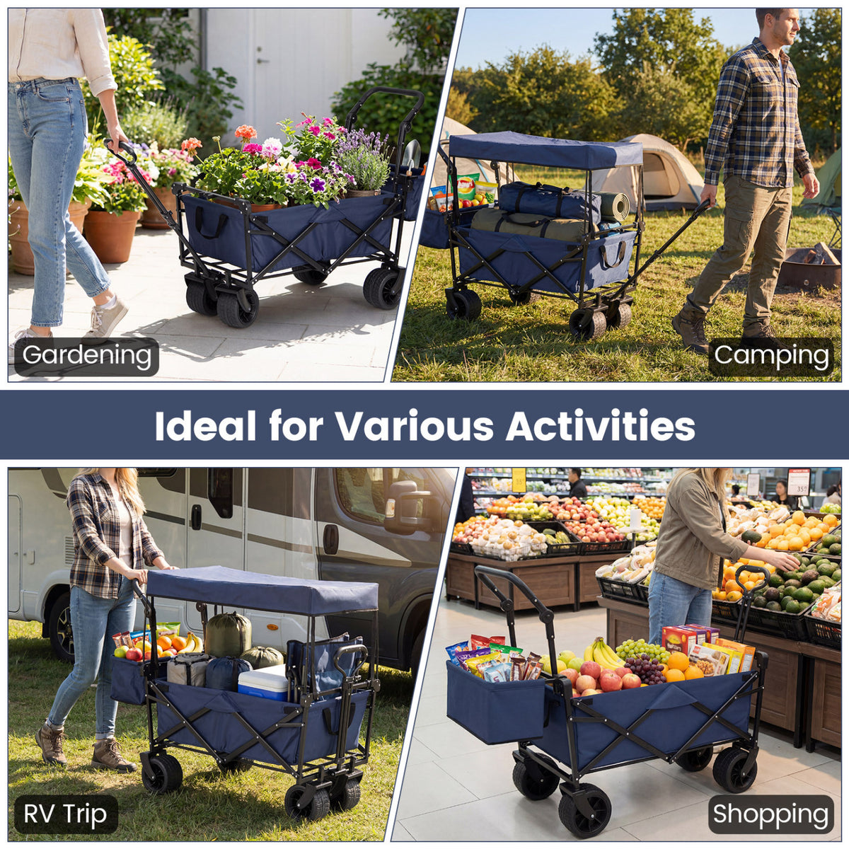 Collapsible Wagon with Removable Canopy and Detachable Storage Bag
