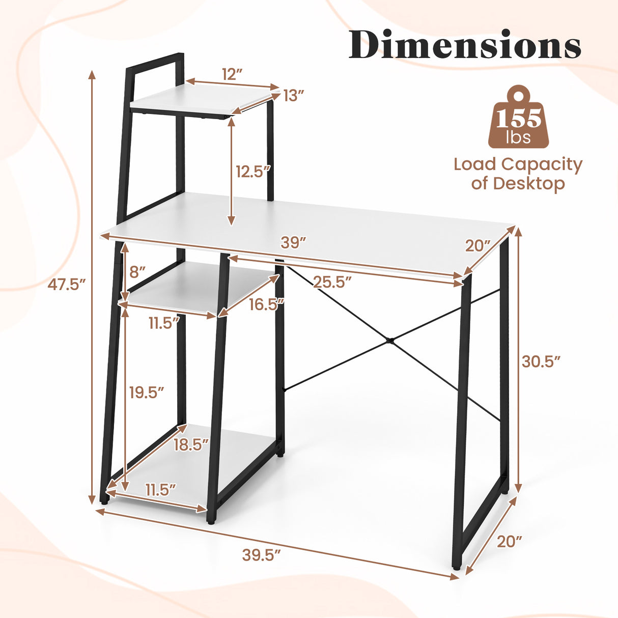 Compact Computer Desk Workstation with 4 Tier Shelves for Home and Office