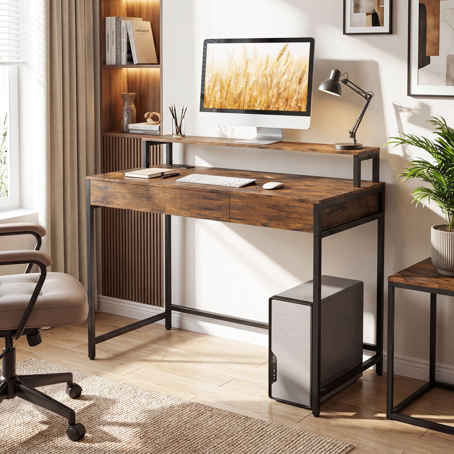 Compact Office Desk with Removable Monitor Shelf and Dual-use Drawer