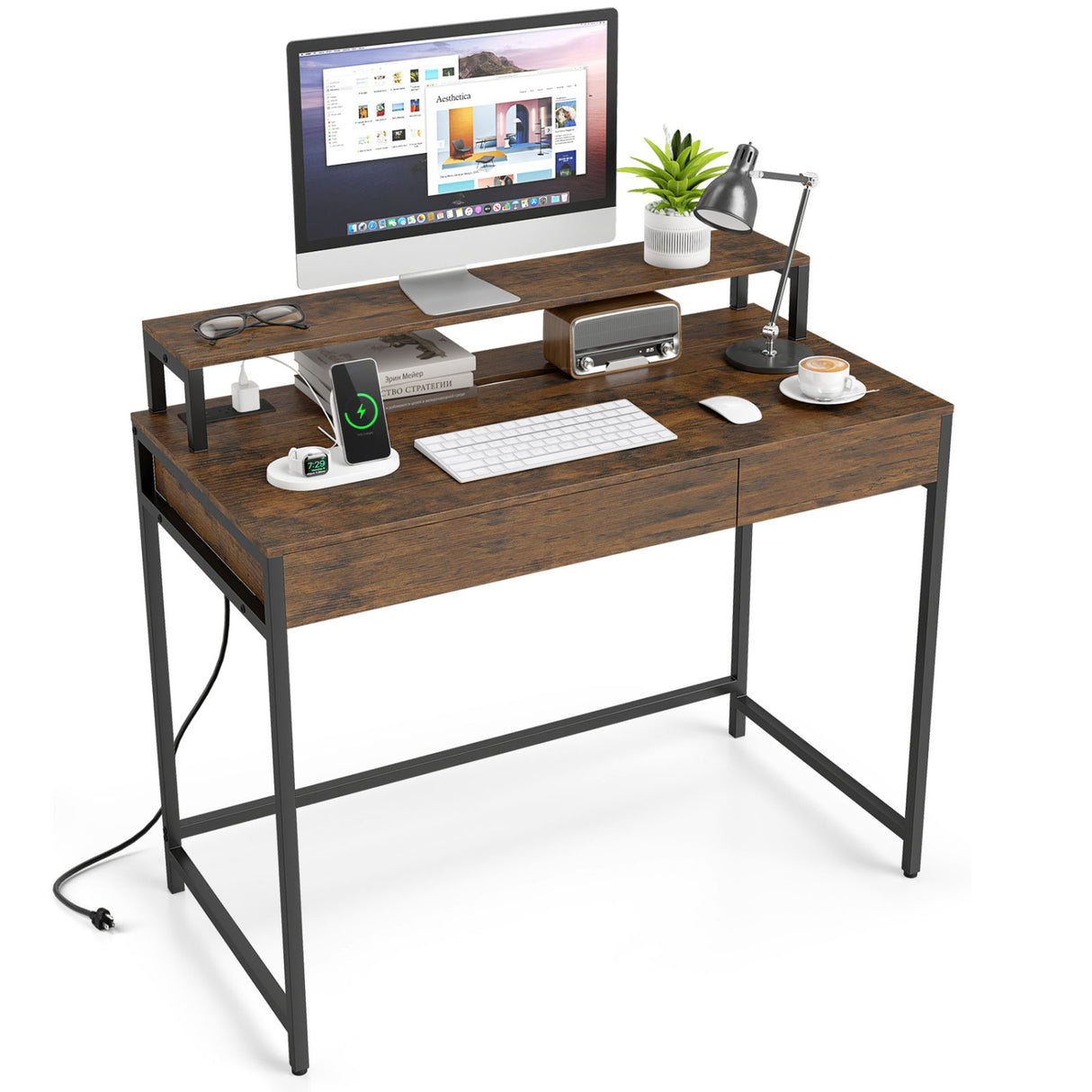 Compact Office Desk with Removable Monitor Shelf and Dual-use Drawer