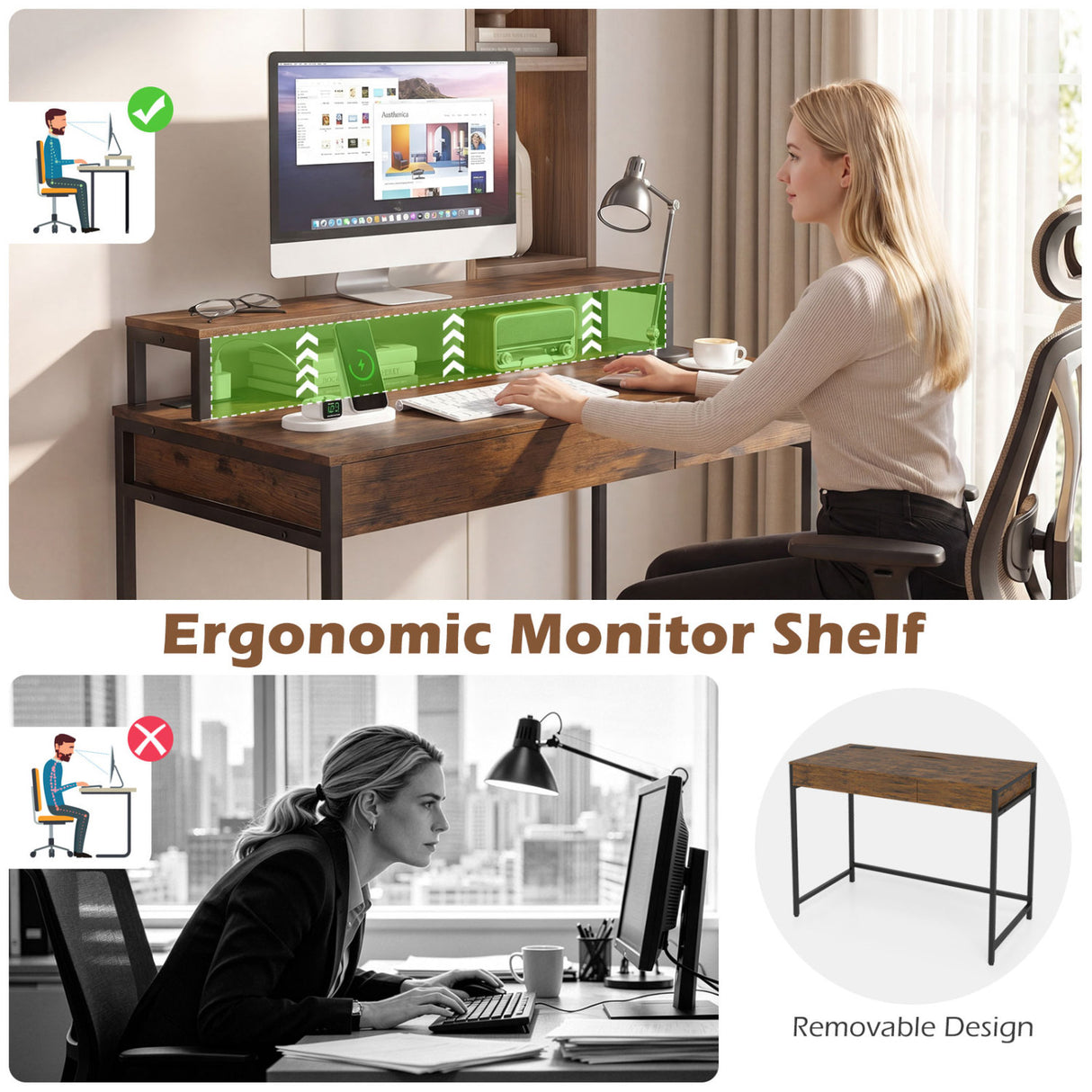 Compact Office Desk with Removable Monitor Shelf and Dual-use Drawer