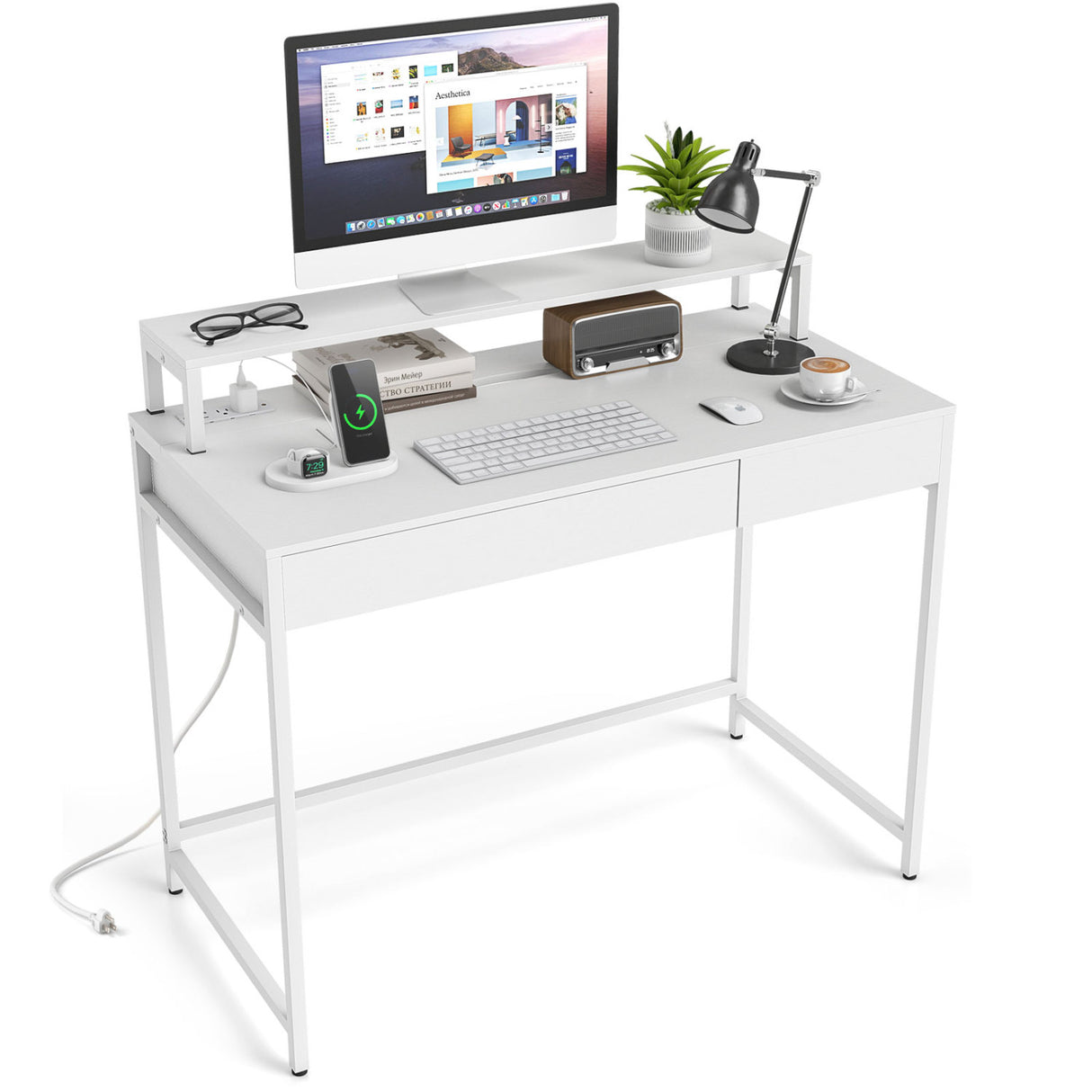Compact Office Desk with Removable Monitor Shelf and Dual-use Drawer