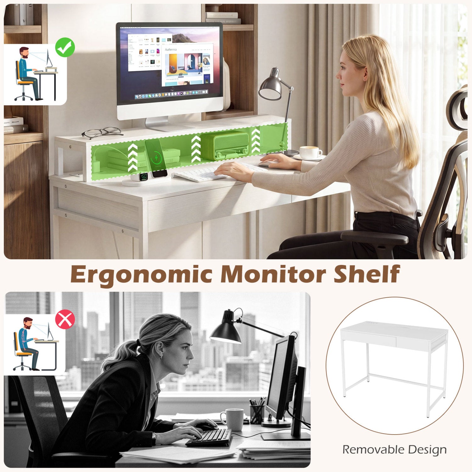 Compact Office Desk with Removable Monitor Shelf and Dual-use Drawer