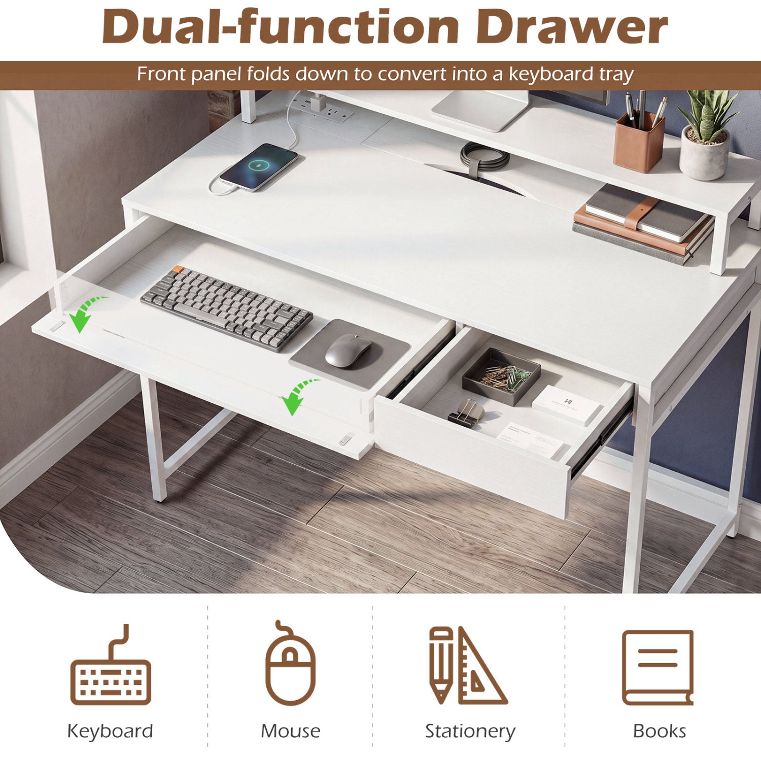 Compact Office Desk with Removable Monitor Shelf and Dual-use Drawer