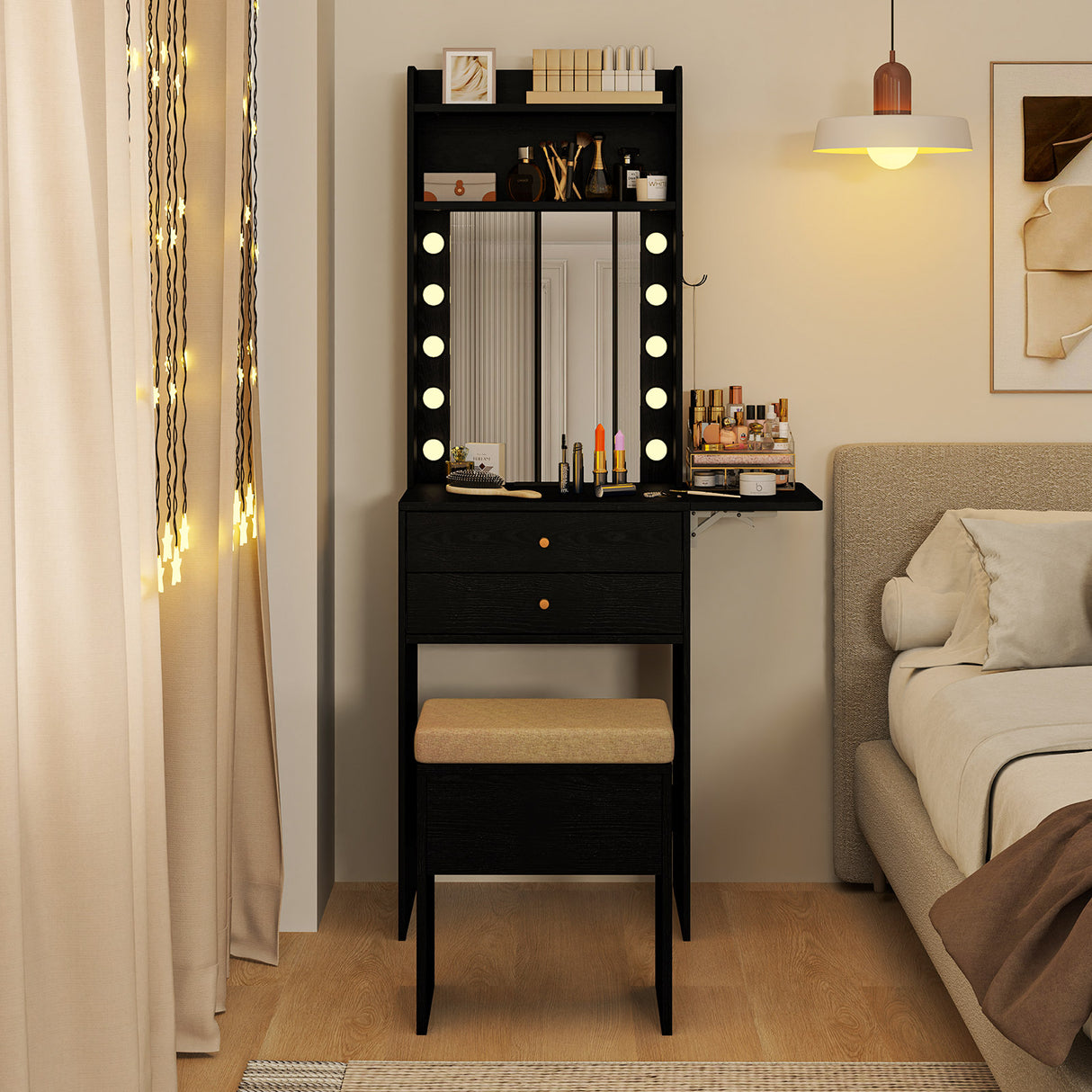 Compact Vanity Desk Set with 3-Color Lighted Mirror and Power Outlets