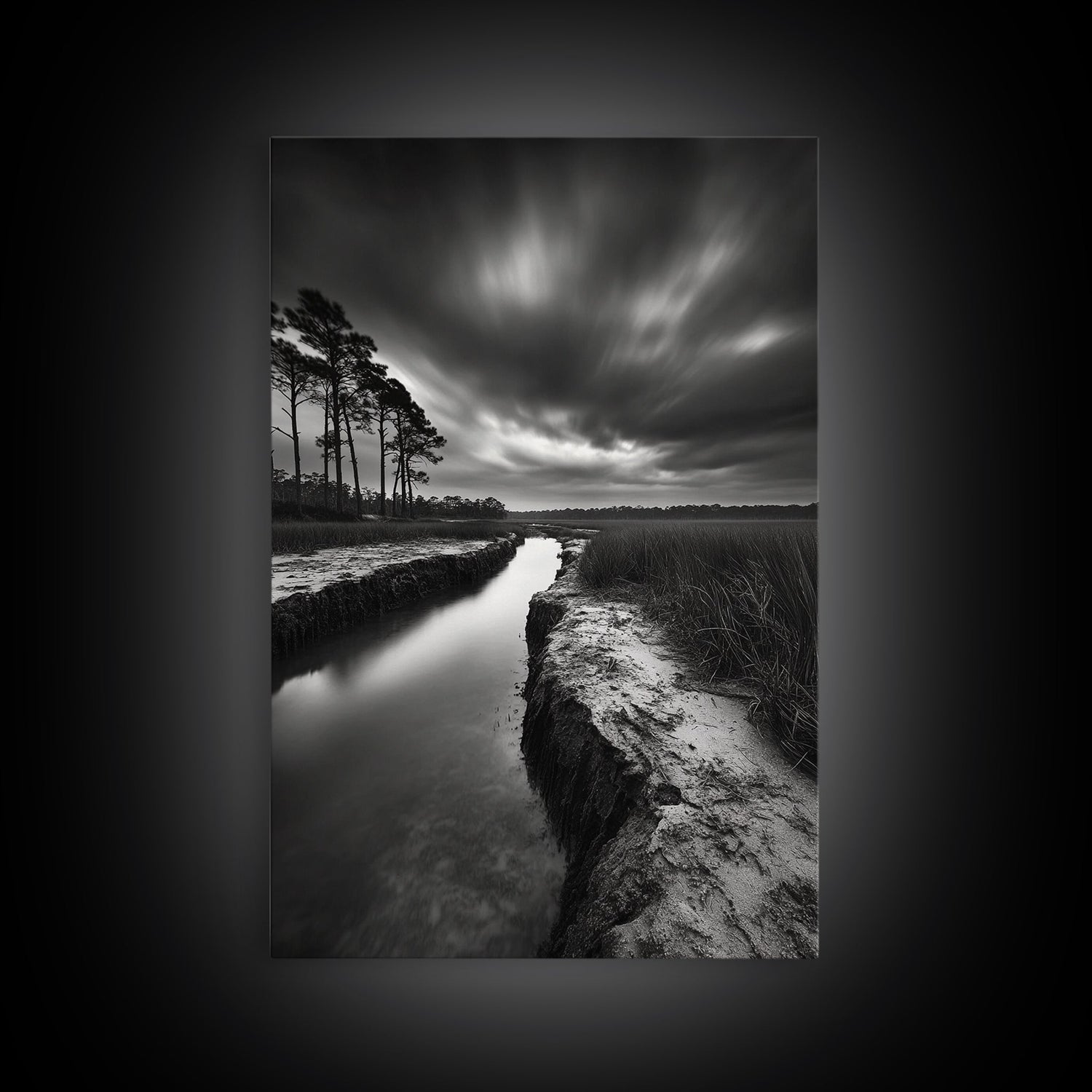 Misty Marsh Path, Moody Landscape, Nature Wall Decor, Living Room Art, Canvas Print, Black and White Photography, Autumn Wall Art