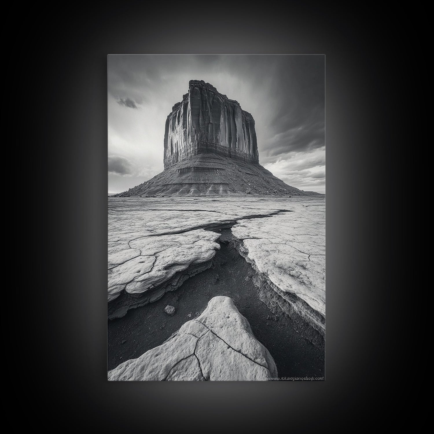 Monument Valley Cliff, Desert Rockscape, Framed Canvas Print, Western Wall Art, Office Decor, Black and White Photography