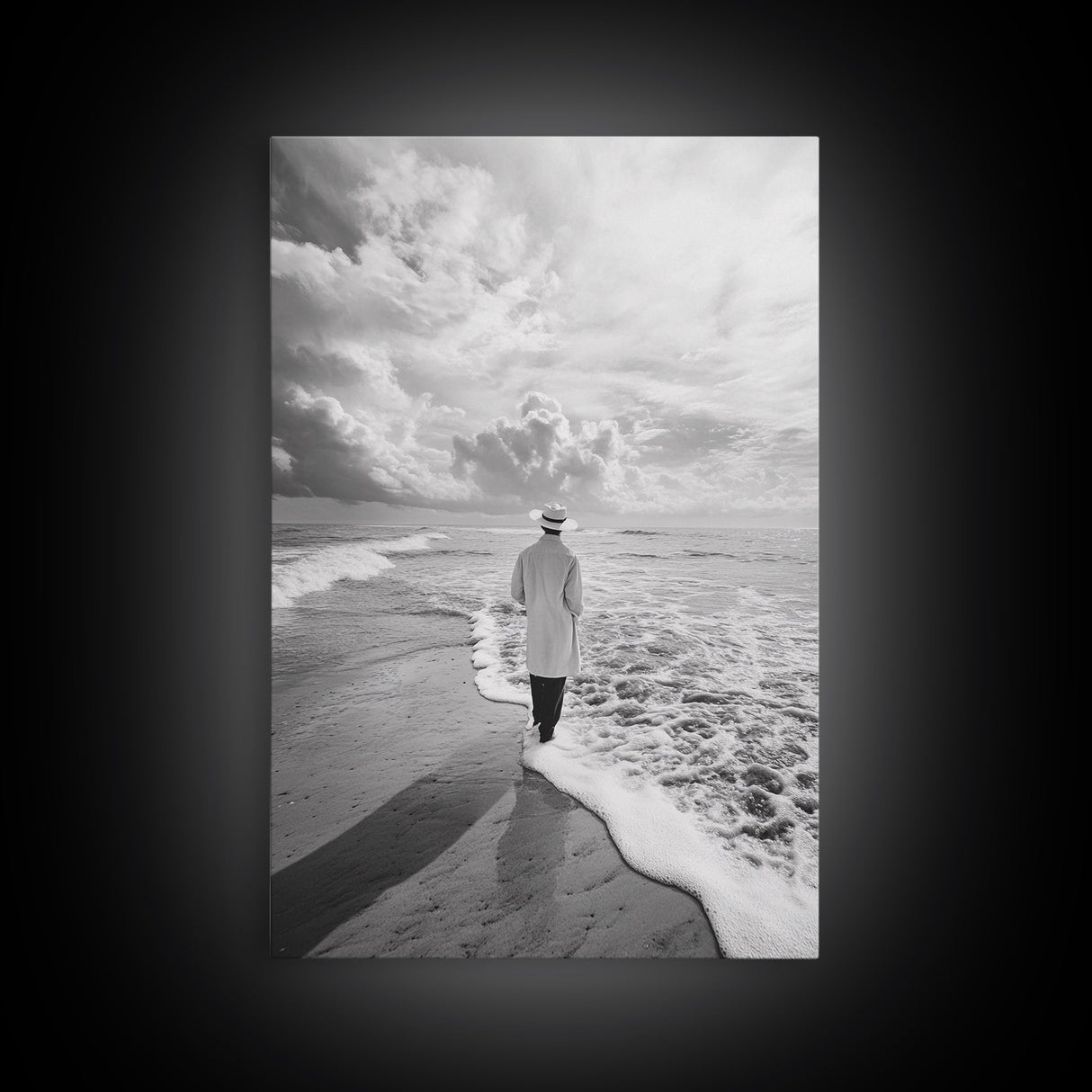 Man On Shore, Thoughtful Walk, Ocean Wanderer, Framed Canvas Print, Minimalist Fall Art, Bedroom Decor, Moody Coastal Scene