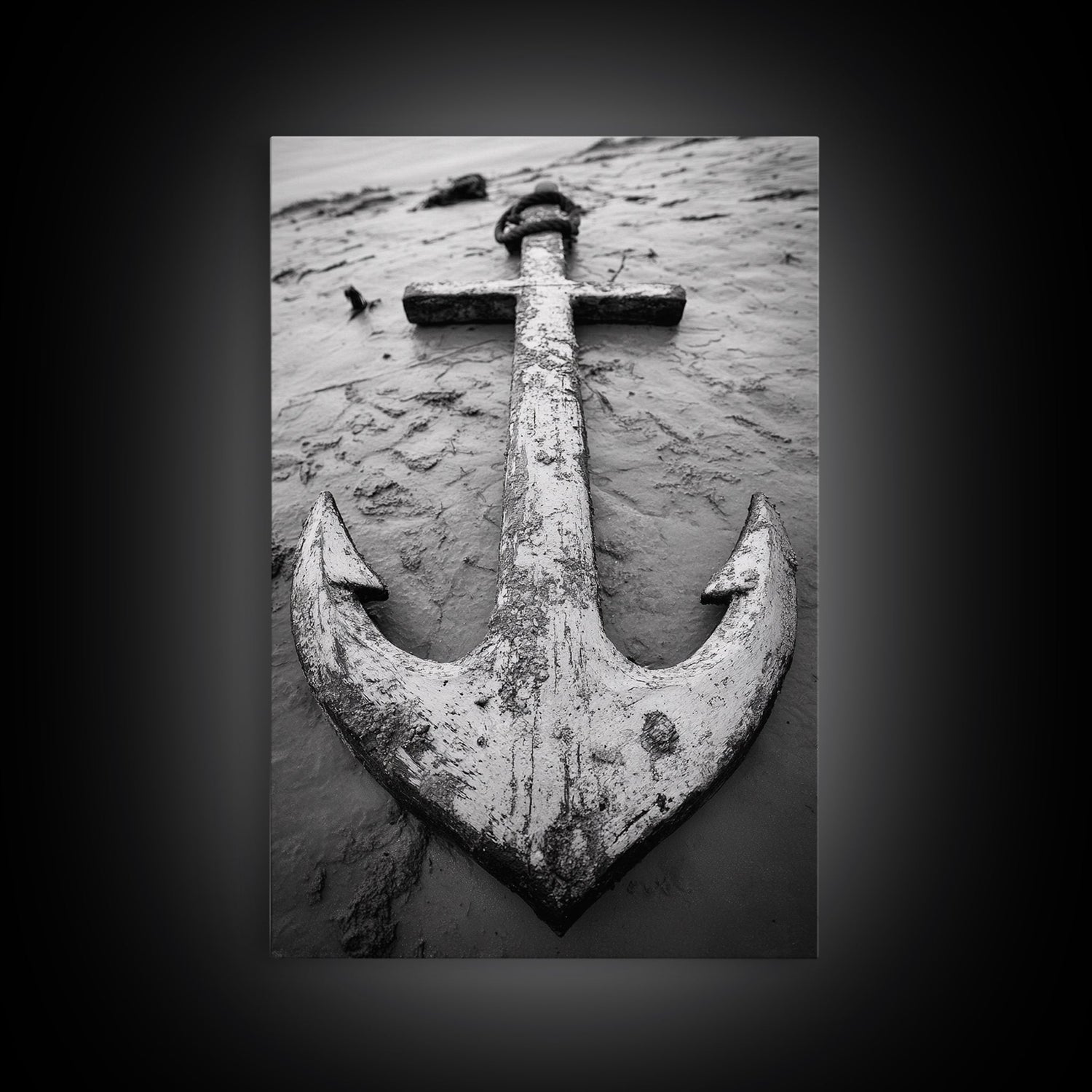 Abandoned Anchor, Nautical Decor, Black White Beach, Framed Canvas Print, Rustic Coastal Wall Art, Entryway Nautical Accent