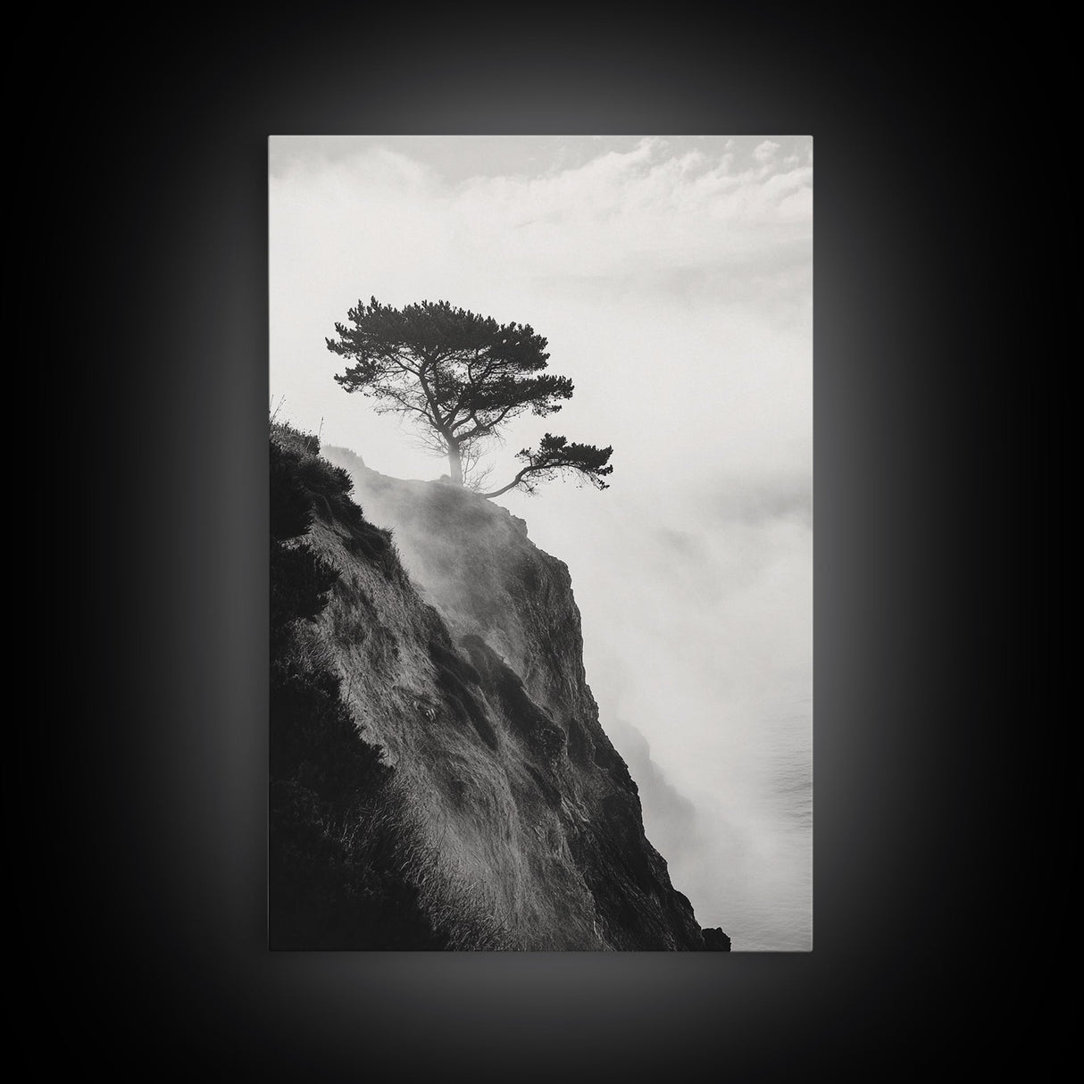 Lone Cliff Tree, Foggy Landscape, Nature Wall Decor, Framed Canvas Print, Minimalist Tree Art, Tranquil Living Room Wall Art
