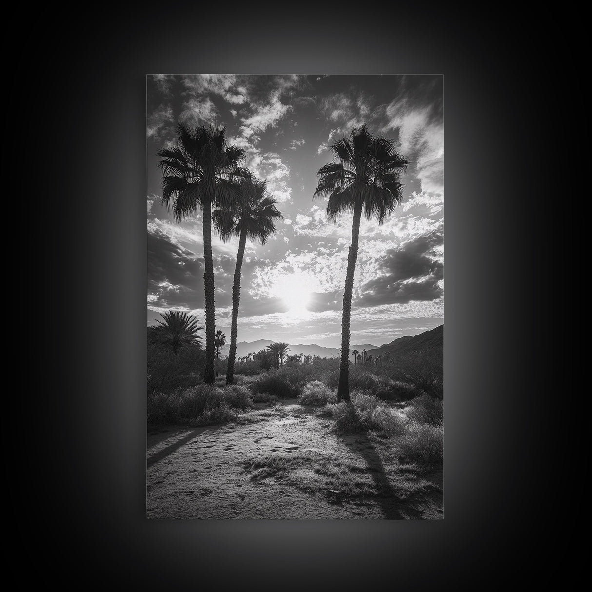 Palm Sunset, Desert Light, Silhouetted Trees, Framed Canvas Print, Tropical Boho Wall Art, Sunset Living Room Decor, Moody Nature Style