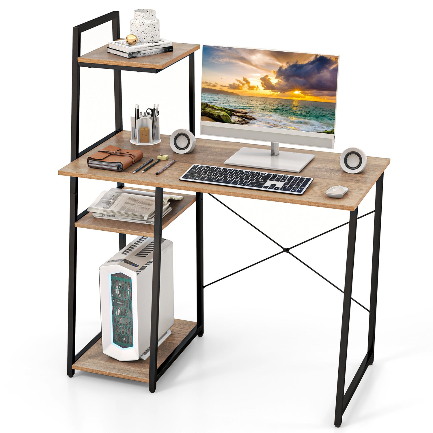 Compact Computer Desk Workstation with 4 Tier Shelves for Home and Office
