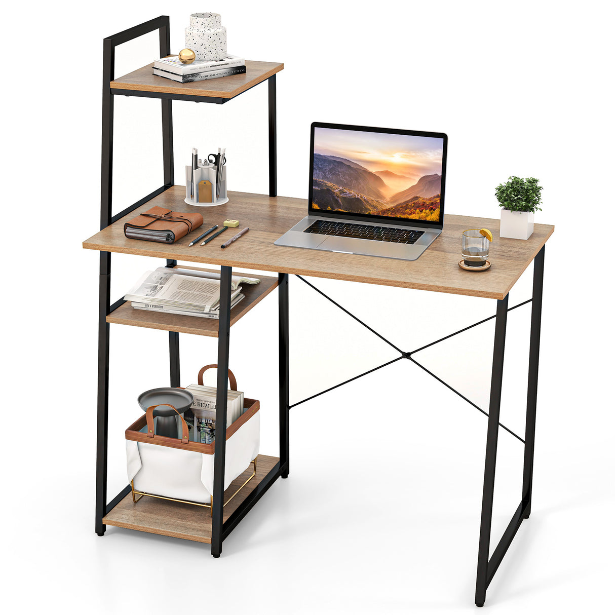Compact Computer Desk Workstation with 4 Tier Shelves for Home and Office