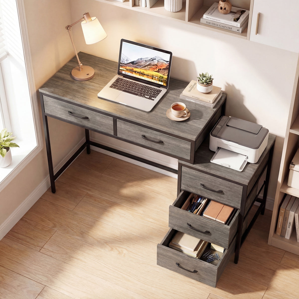 Computer Desk with 5 Drawers and Printer Stand for Bedroom and Small Spaces
