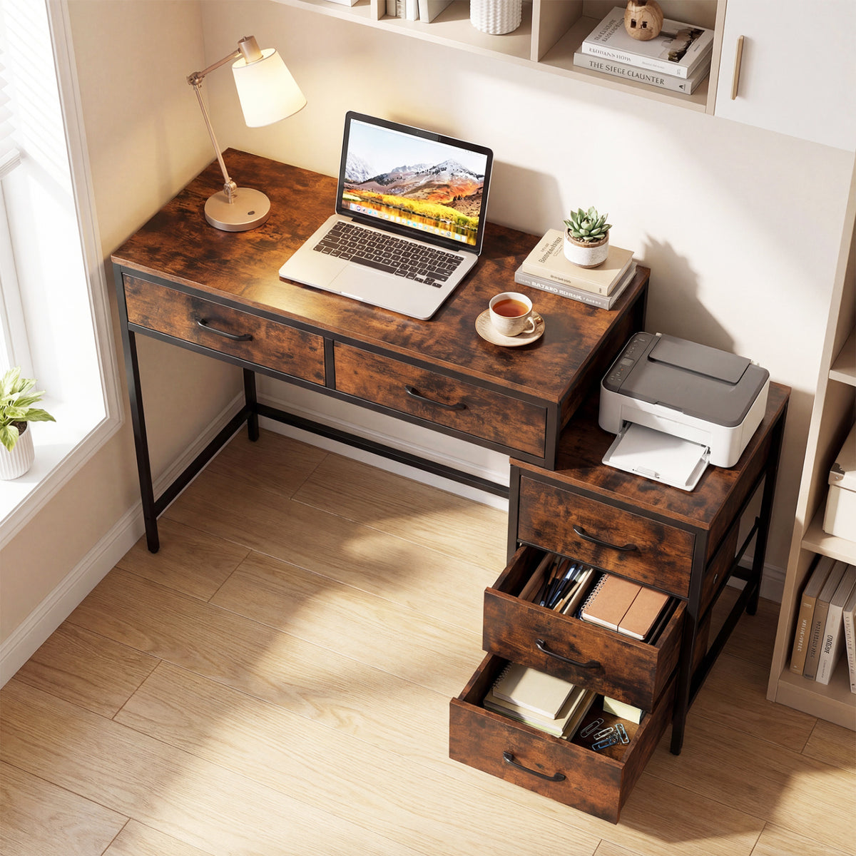 Computer Desk with 5 Drawers and Printer Stand for Bedroom and Small Spaces