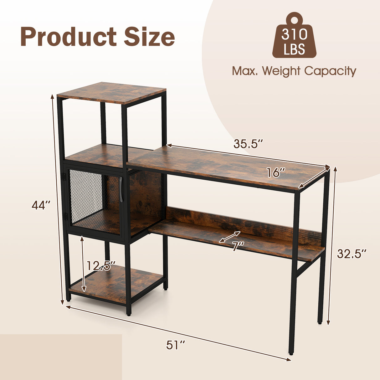 Computer Desk with Bookshelf Home Office Desk with Storage Cabinet and Shelves-Rustic Brown