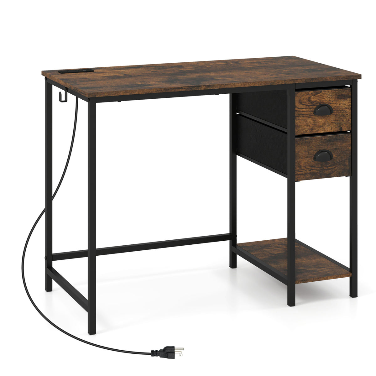 Computer Desk with Charging Station and 2 Fabric Drawers for Small Spaces