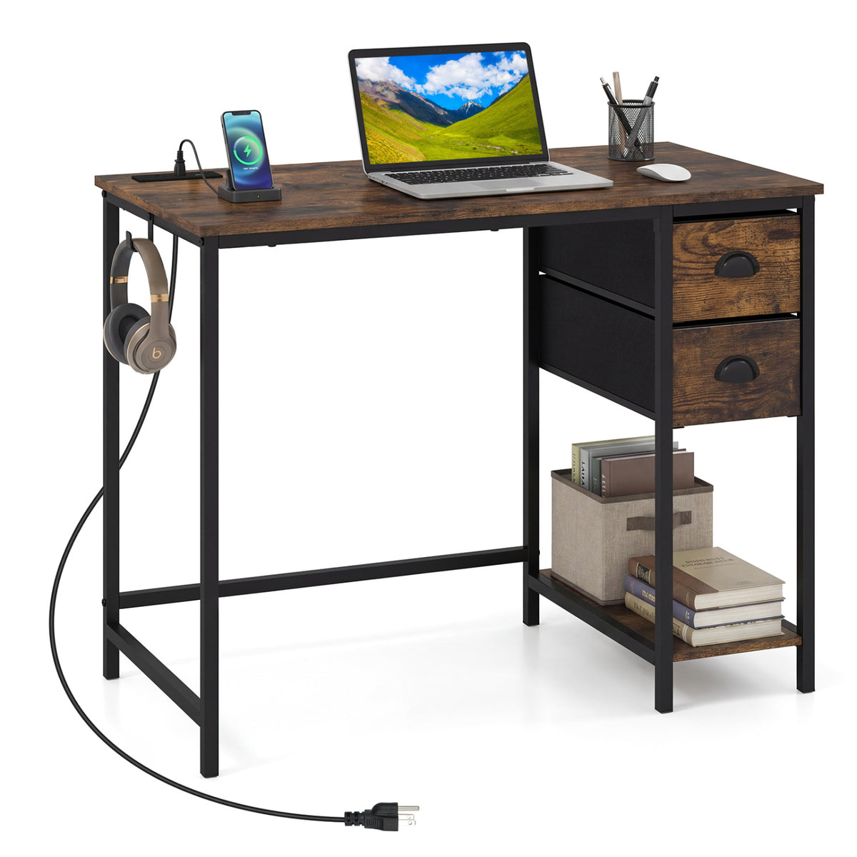 Computer Desk with Charging Station and 2 Fabric Drawers for Small Spaces