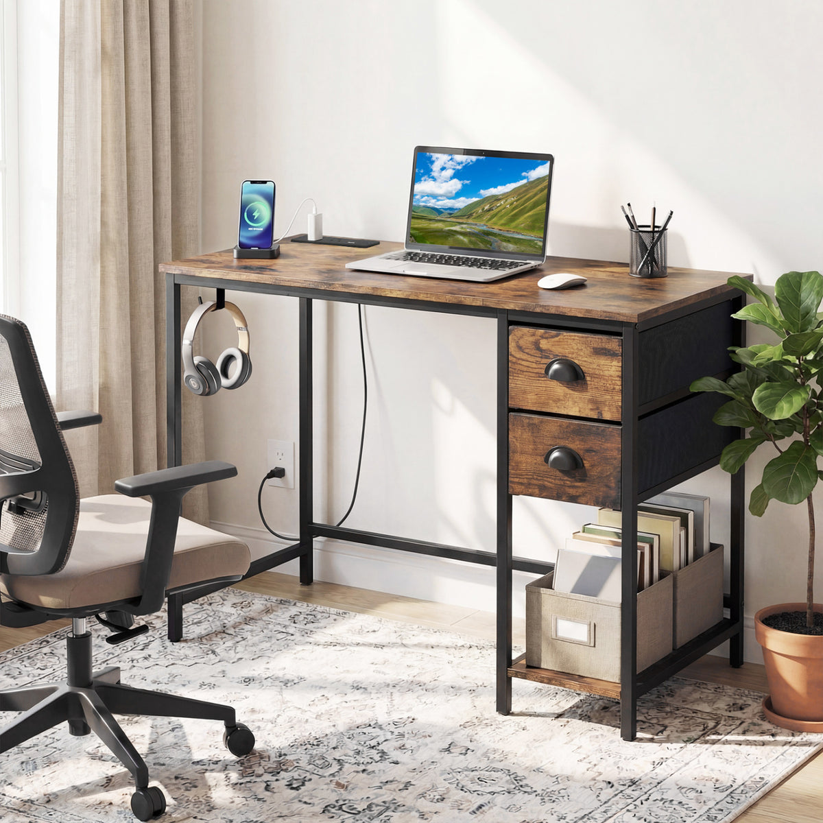 Computer Desk with Charging Station and 2 Fabric Drawers for Small Spaces