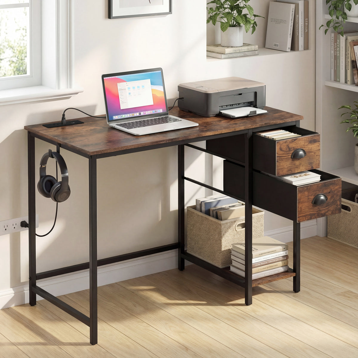 Computer Desk with Charging Station and 2 Fabric Drawers for Small Spaces
