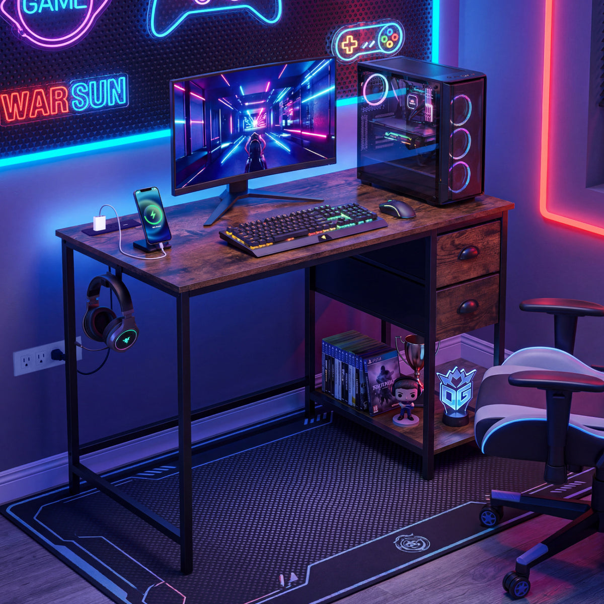 Computer Desk with Charging Station and 2 Fabric Drawers for Small Spaces