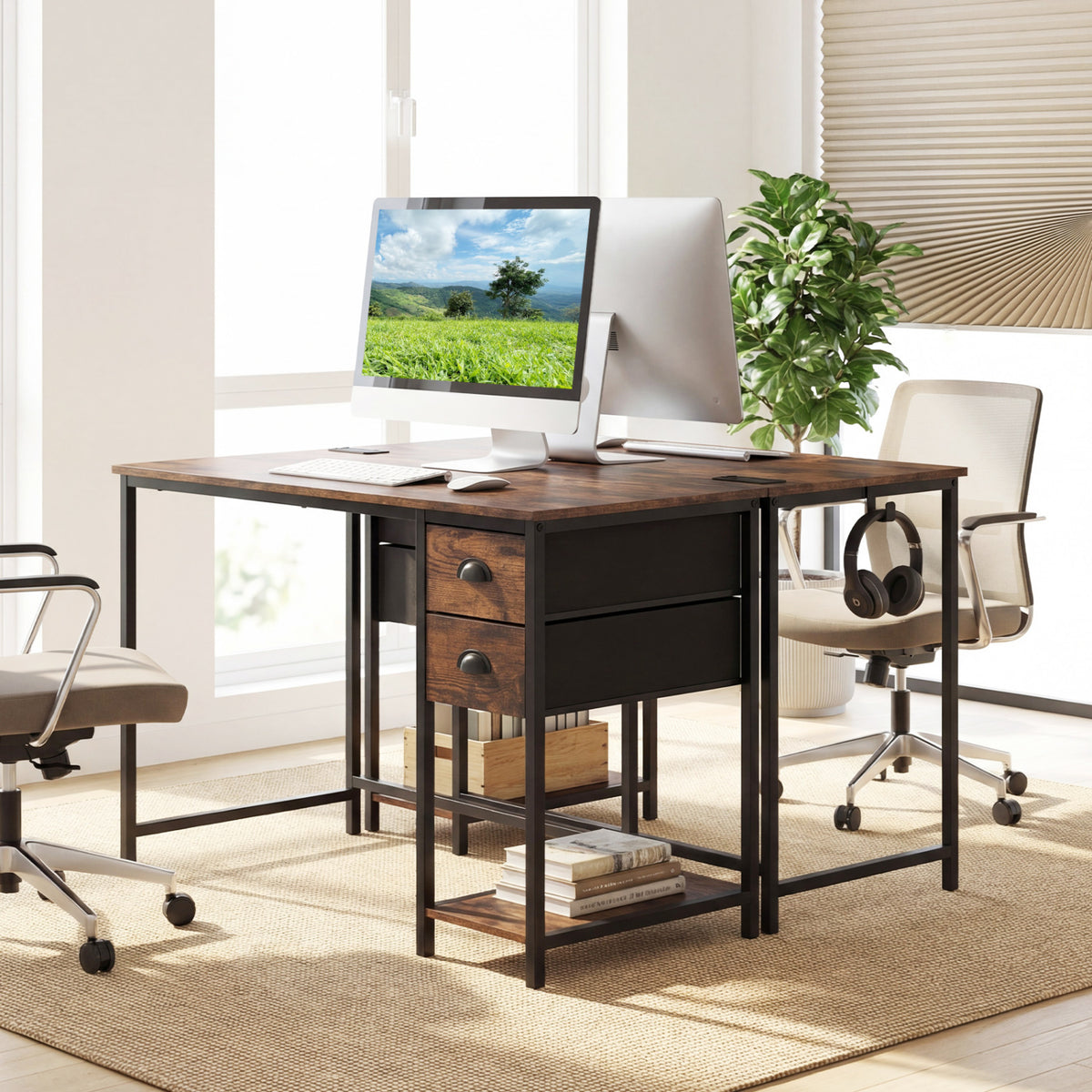 Computer Desk with Charging Station and 2 Fabric Drawers for Small Spaces