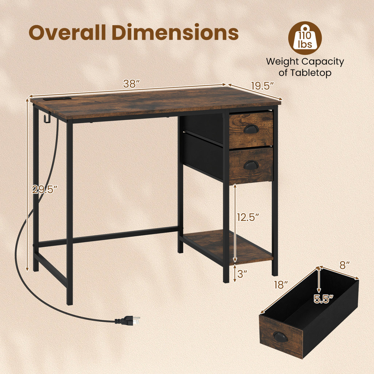 Computer Desk with Charging Station and 2 Fabric Drawers for Small Spaces
