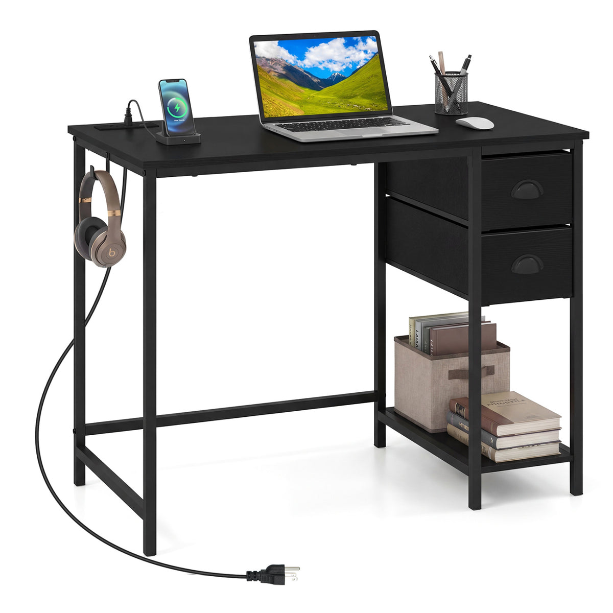 Computer Desk with Charging Station and 2 Fabric Drawers for Small Spaces