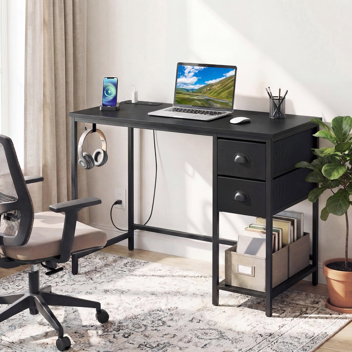 Computer Desk with Charging Station and 2 Fabric Drawers for Small Spaces